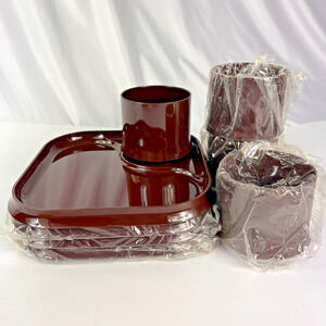 VTG INGRID Chicago Snack Plates & Mugs MCM Retro Plastic Camp Brown - Set of 4